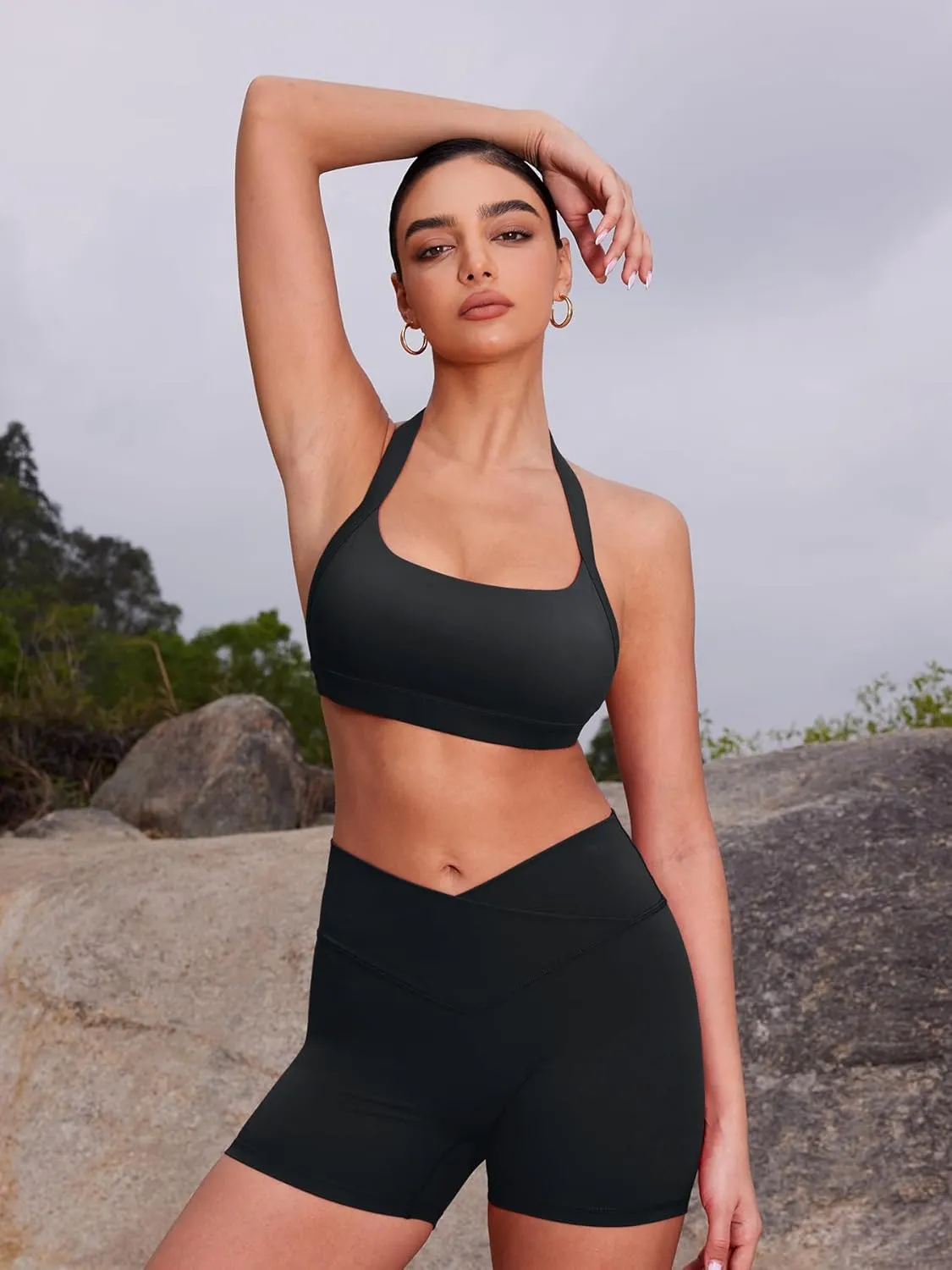 YEOREO Roxanie Women Halter Sports Bra Scoop Neck Removable Padded Open Back Yoga Workout Crop Tank Top
