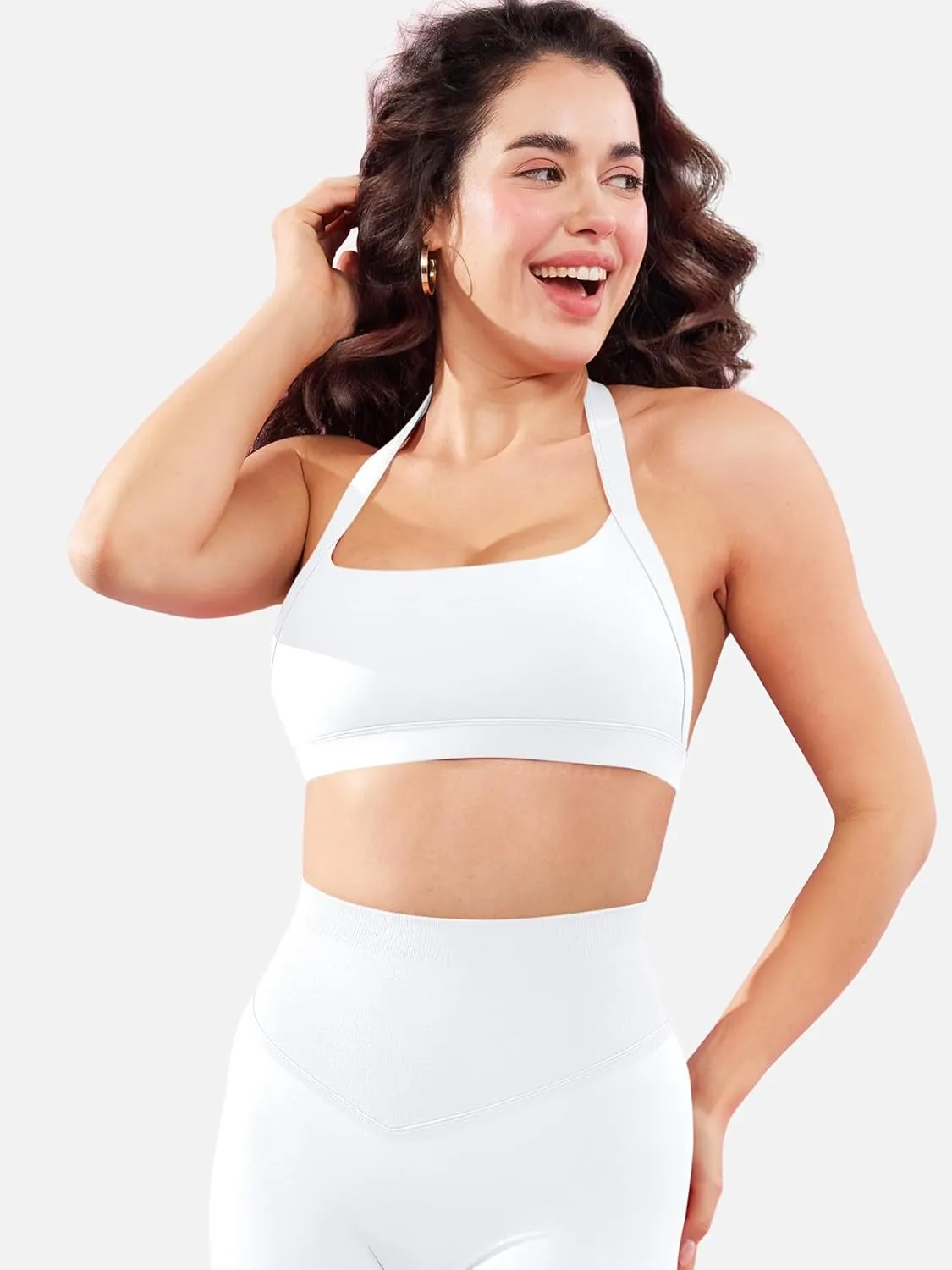 YEOREO Roxanie Women Halter Sports Bra Scoop Neck Removable Padded Open Back Yoga Workout Crop Tank Top
