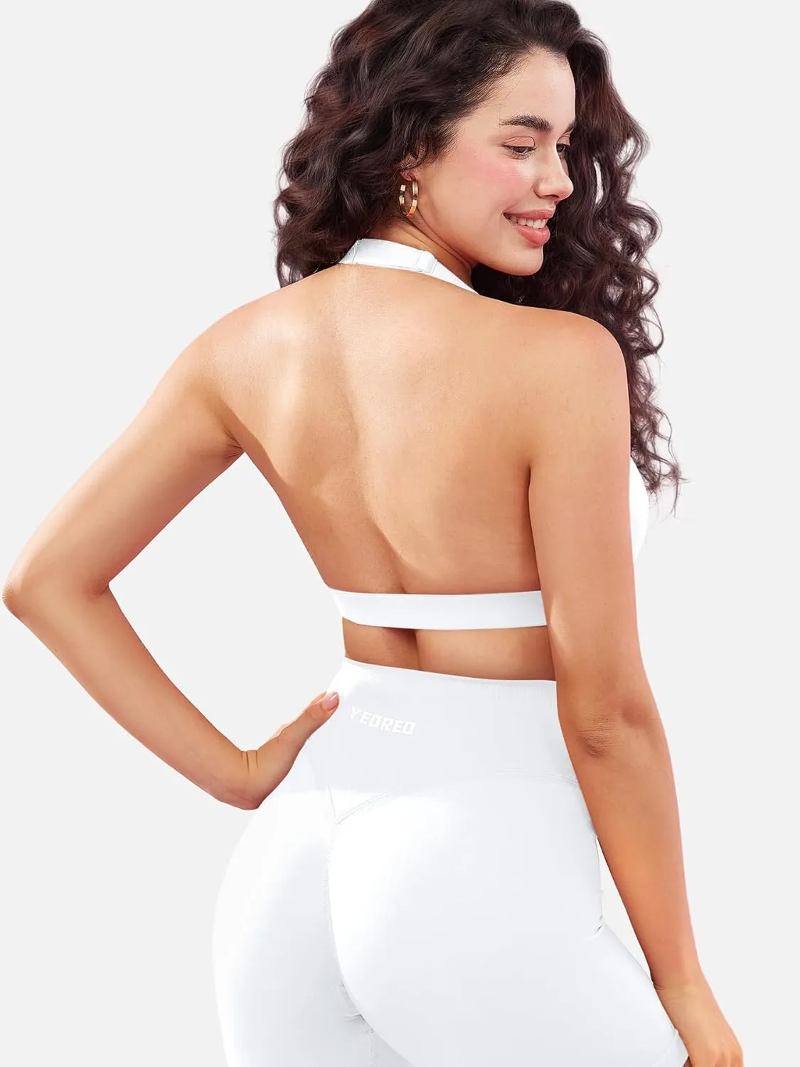 YEOREO Roxanie Women Halter Sports Bra Scoop Neck Removable Padded Open Back Yoga Workout Crop Tank Top
