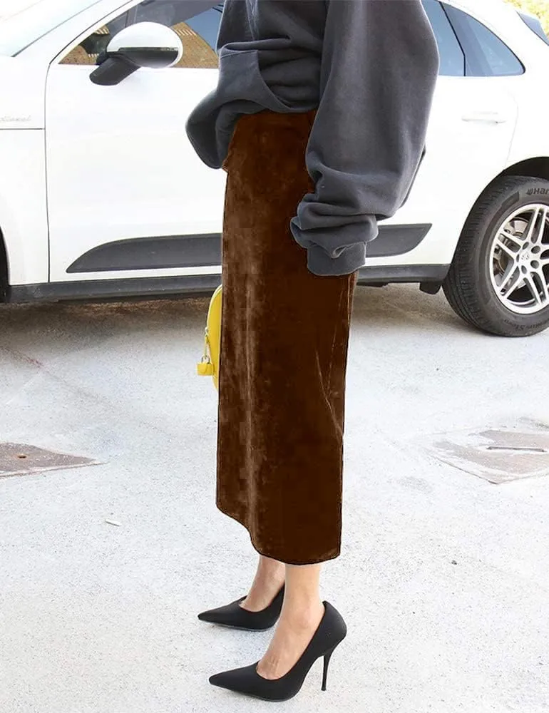 Ylingjun Women's High Waisted Long Velvet Skirt Pencil Skirt with Slit