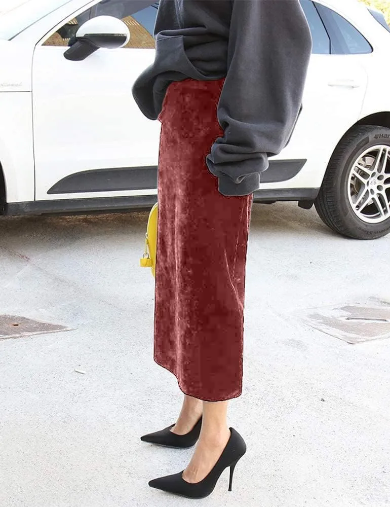 Ylingjun Women's High Waisted Long Velvet Skirt Pencil Skirt with Slit