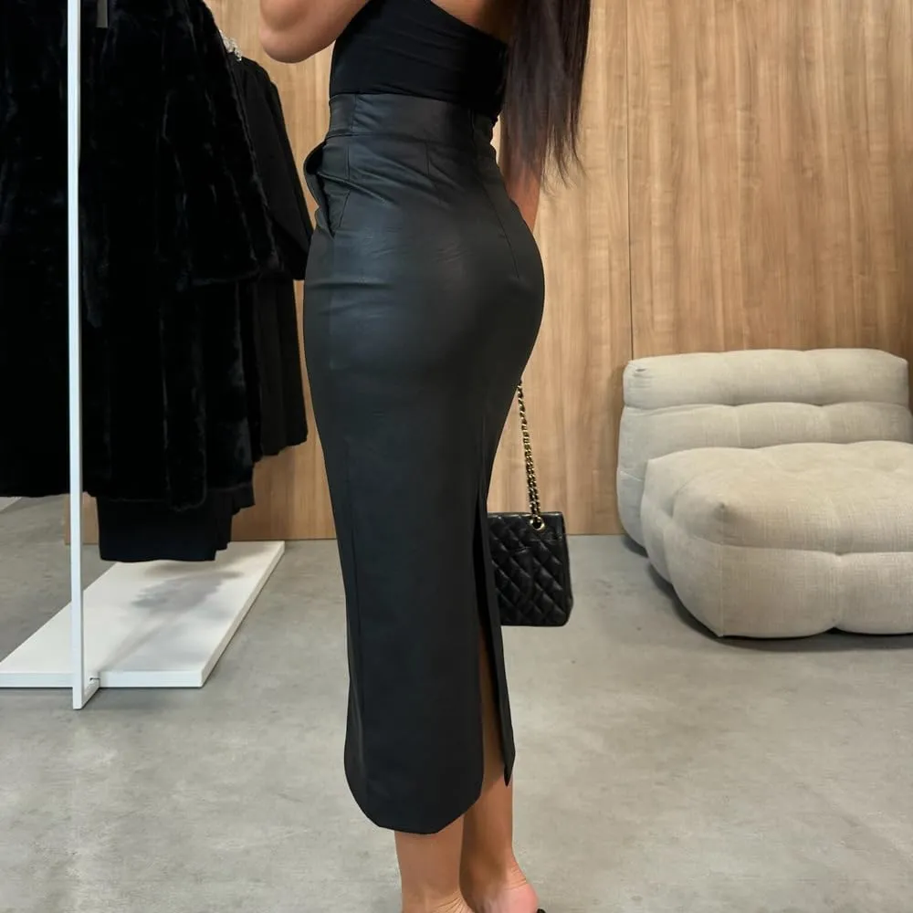 yoeasy Womens PU Leather Midi Skirts High Waist Split Slit Hip Ruched Wrap Bodycon Pencil Skirts