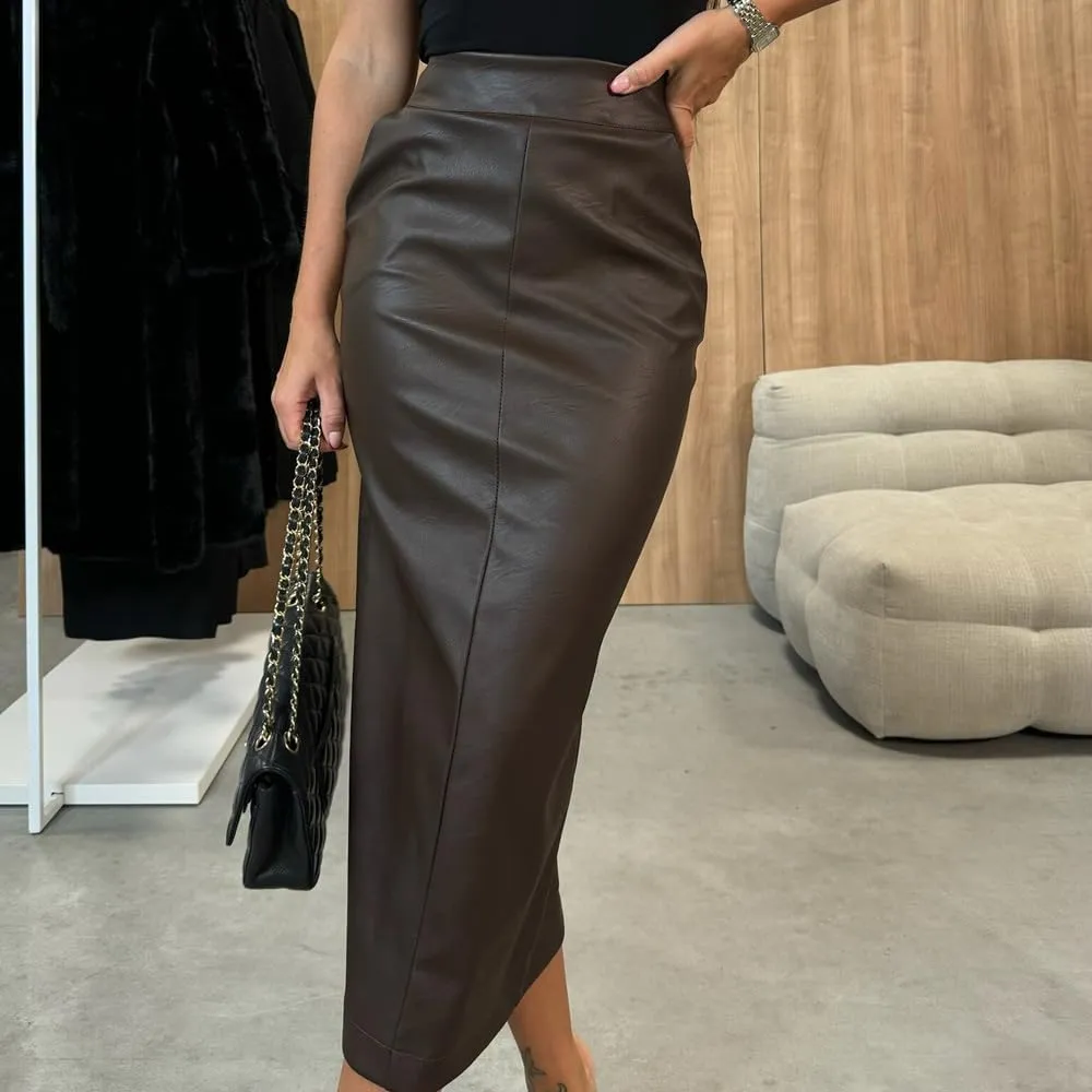 yoeasy Womens PU Leather Midi Skirts High Waist Split Slit Hip Ruched Wrap Bodycon Pencil Skirts