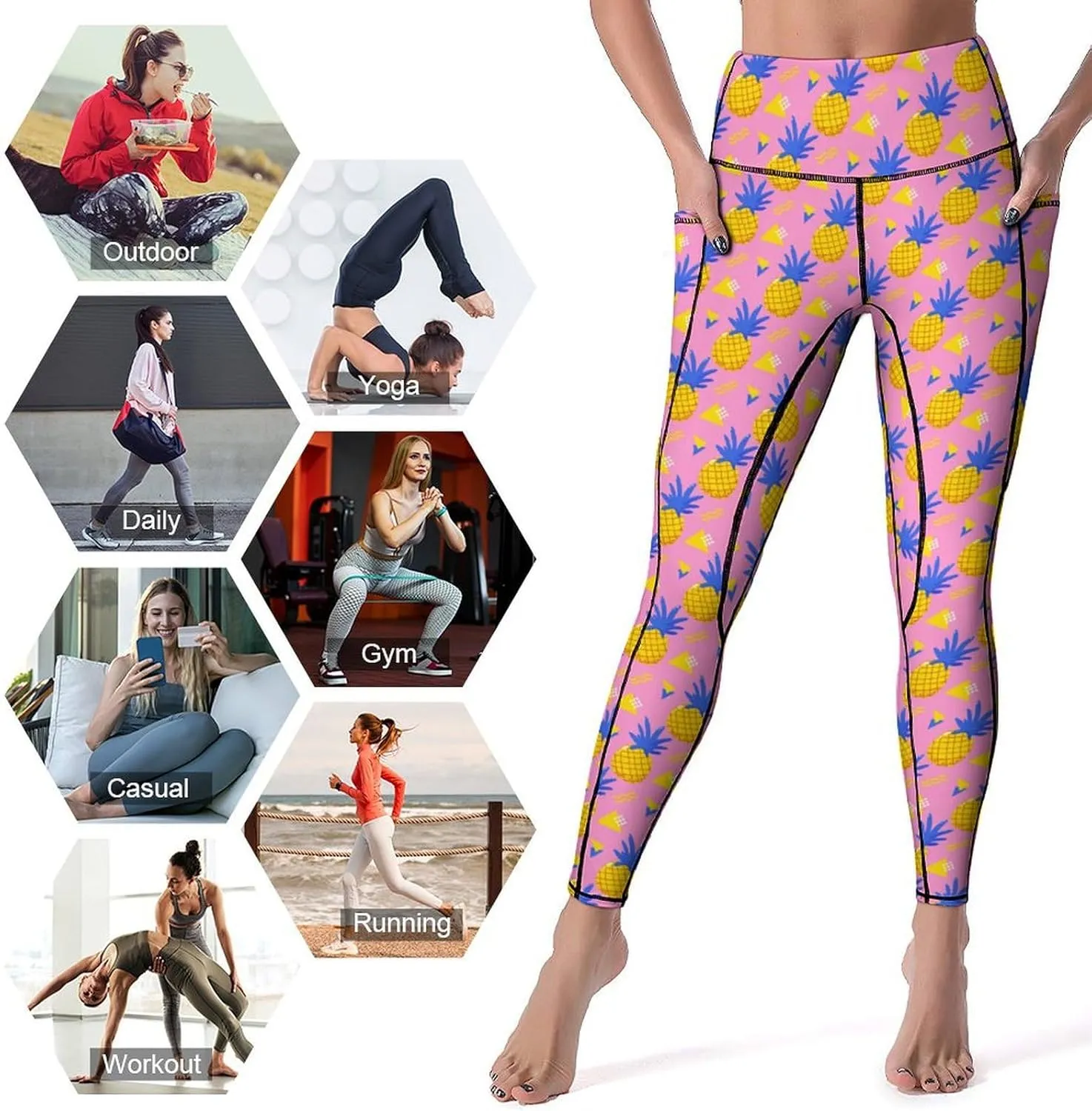 Yoga Pants with Pocket Women 80s 90s Pineapple Leggings High Waist Stretch Workout Trousers Fitness Tights for Running