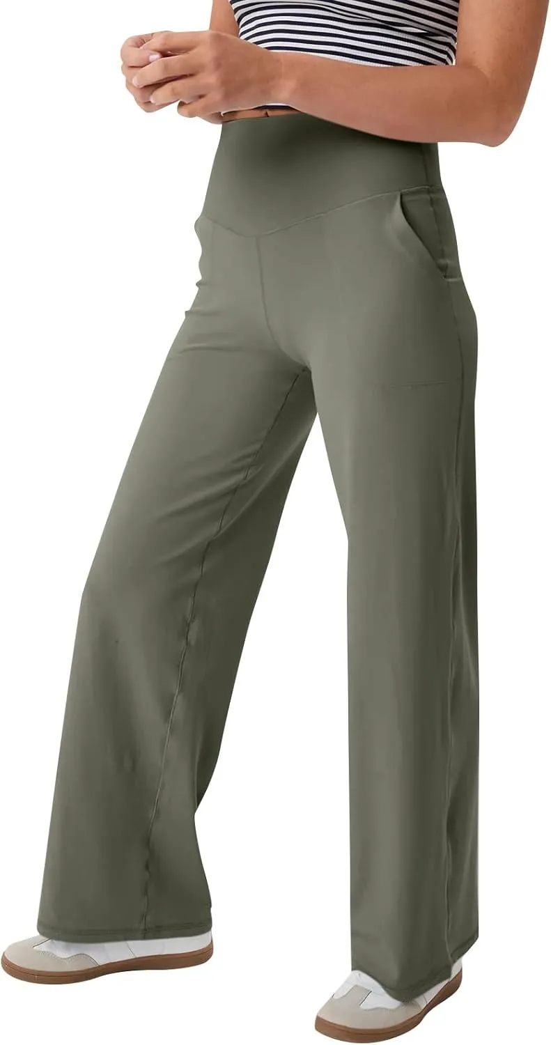 Yoga Pants Women Wide Leg Pants with Pockets Stretch High Waist Baggy Sweatpants Trendy Wide Leg Yoga Pants