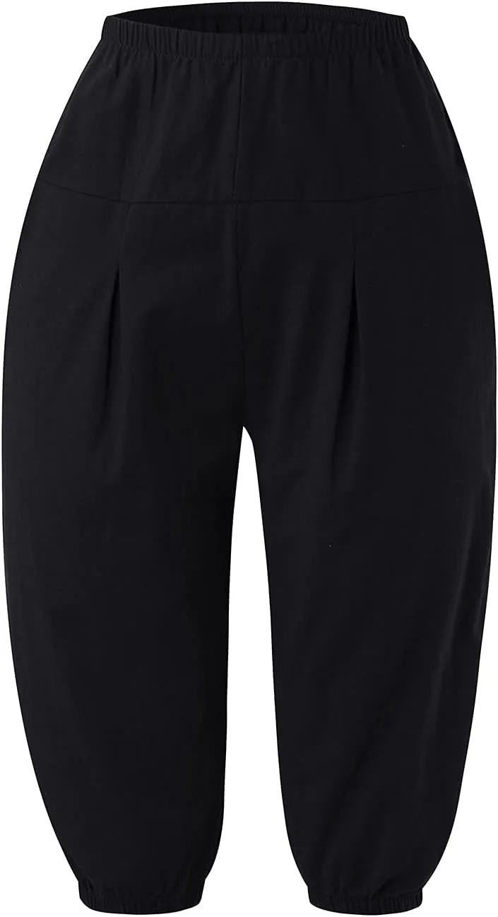 YOLAI Cotton Linen Knee Length Pant Women Casual Solid Pants High Waist Cropped Trousers Summer Lightweight Pant (Black, M)