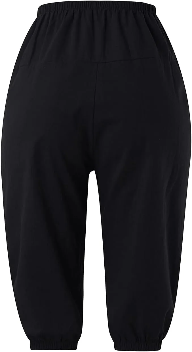 YOLAI Cotton Linen Knee Length Pant Women Casual Solid Pants High Waist Cropped Trousers Summer Lightweight Pant (Black, M)