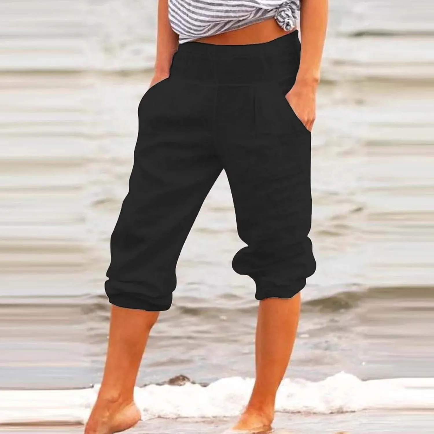 YOLAI Cotton Linen Knee Length Pant Women Casual Solid Pants High Waist Cropped Trousers Summer Lightweight Pant (Black, M)