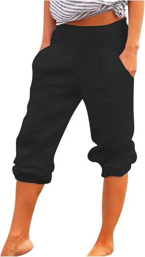 YOLAI Cotton Linen Knee Length Pant Women Casual Solid Pants High Waist Cropped Trousers Summer Lightweight Pant (Black, M)