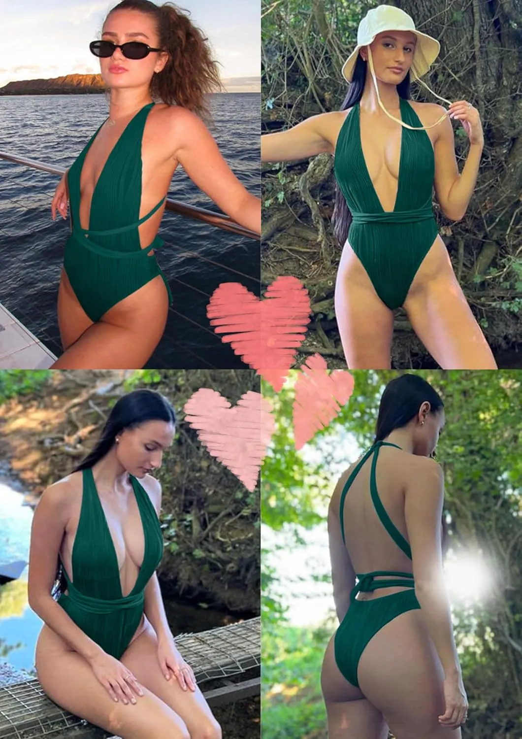 ZAFUL Women's One Piece Swimsuit Deep V Neck Ribbed Self Tie Sexy High Cut Bathing Suit Crisscross Back Swimwear