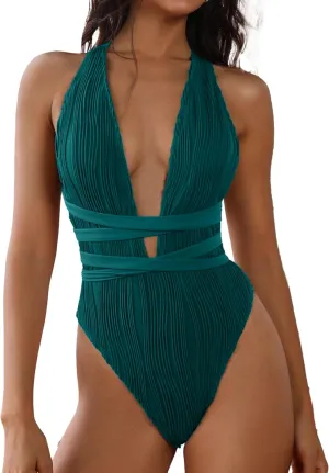 ZAFUL Women's One Piece Swimsuit Deep V Neck Ribbed Self Tie Sexy High Cut Bathing Suit Crisscross Back Swimwear