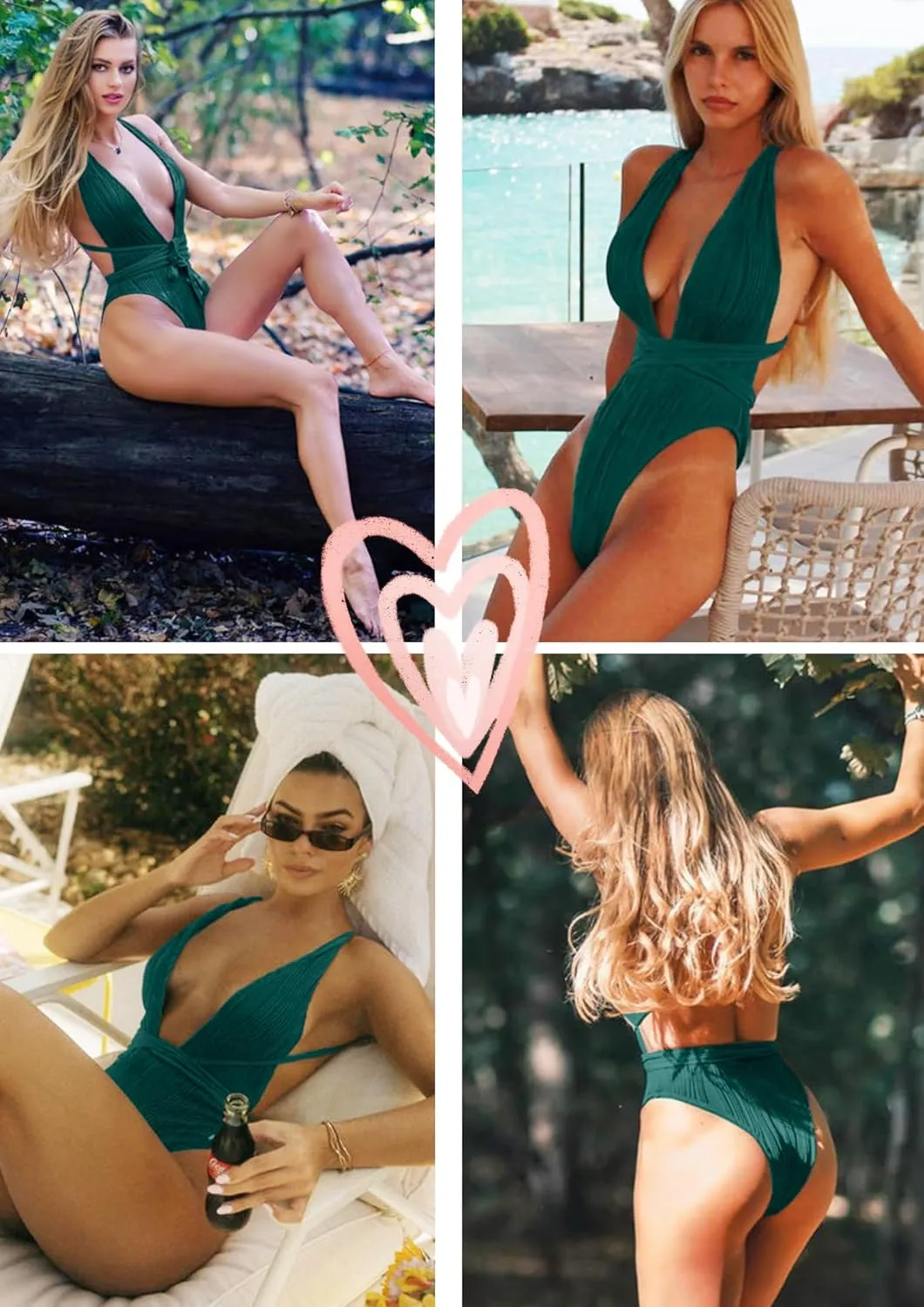 ZAFUL Women's One Piece Swimsuit Deep V Neck Ribbed Self Tie Sexy High Cut Bathing Suit Crisscross Back Swimwear