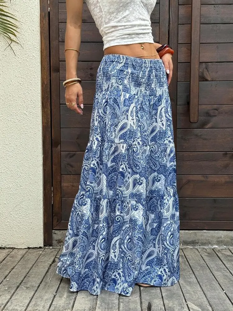 ZAFUL Womens Summer Boho Maxi Skirts Bohemian Print Smocked High Wasited Flowy Tiered Ruffle Long Beach Skirt