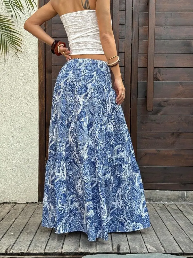 ZAFUL Womens Summer Boho Maxi Skirts Bohemian Print Smocked High Wasited Flowy Tiered Ruffle Long Beach Skirt