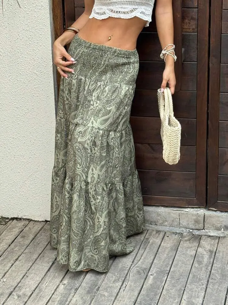 ZAFUL Womens Summer Boho Maxi Skirts Bohemian Print Smocked High Wasited Flowy Tiered Ruffle Long Beach Skirt