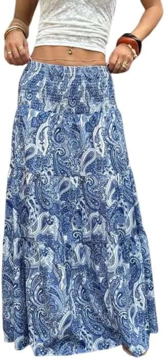 ZAFUL Womens Summer Boho Maxi Skirts Bohemian Print Smocked High Wasited Flowy Tiered Ruffle Long Beach Skirt