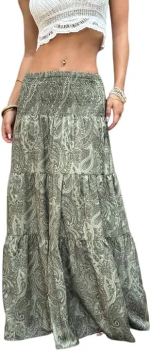 ZAFUL Womens Summer Boho Maxi Skirts Bohemian Print Smocked High Wasited Flowy Tiered Ruffle Long Beach Skirt