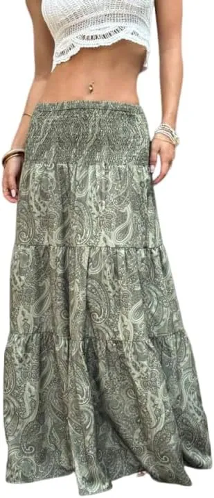ZAFUL Womens Summer Boho Maxi Skirts Bohemian Print Smocked High Wasited Flowy Tiered Ruffle Long Beach Skirt