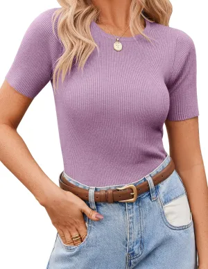Zeagoo Women's Short Sleeve Basic Slim Fit Tops Crewneck Ribbed Knit T Shirt Cute Summer Outfits