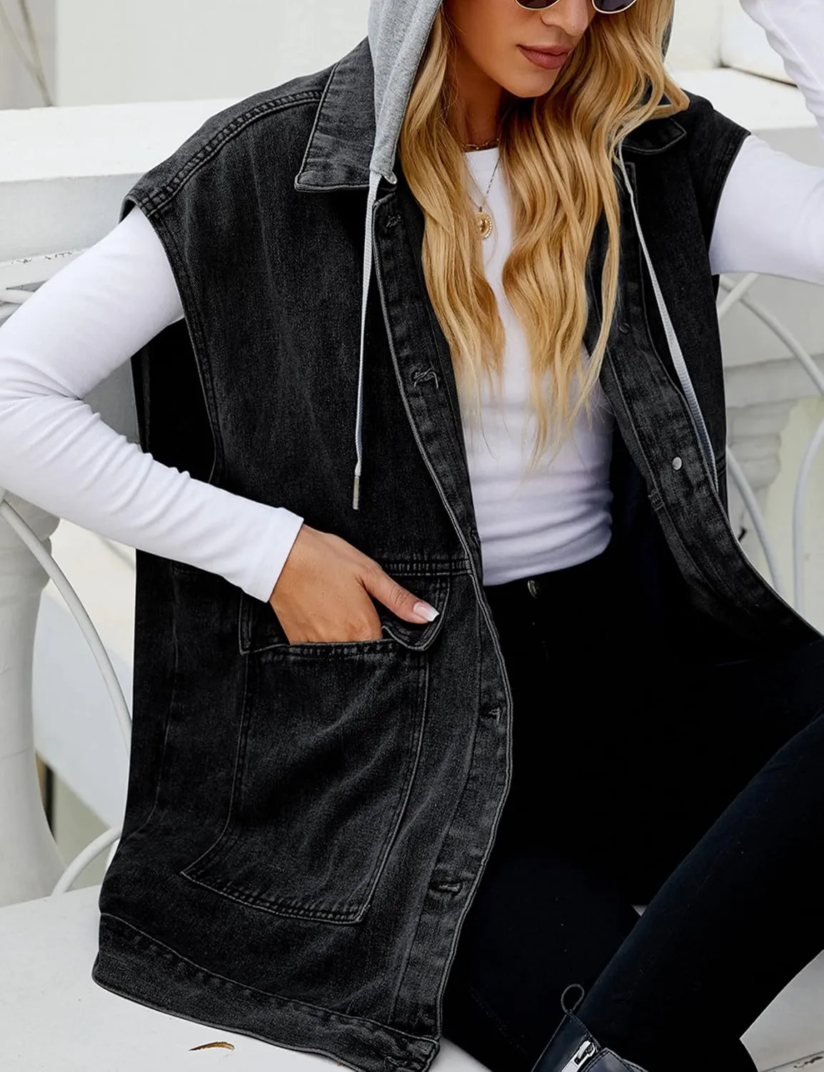 Zontroldy Denim Jean Vest for Women Oversized Sleeveless Button Down Denim Jean Vest Waistcoat Shacket Jacket